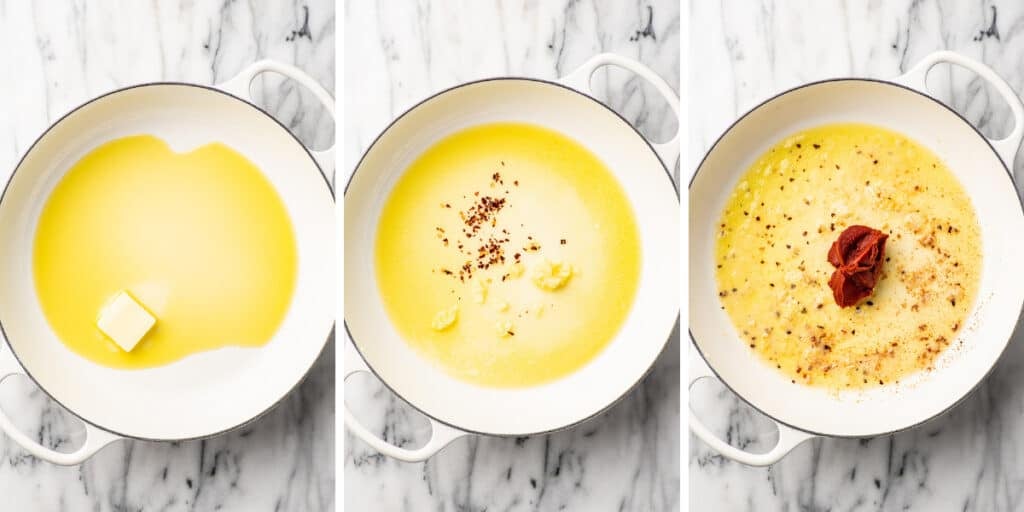 Collage photo of vodka sauce being made part 1.