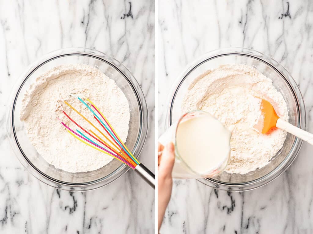 Collage of cream biscuits being made.