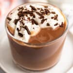 Crockpot hot chocolate in a glass mug with whipped cream and chocolate shavings.
