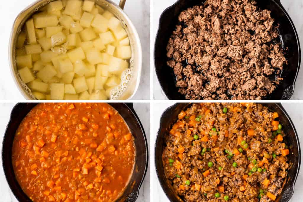 Collage of cottage pie being cooked.