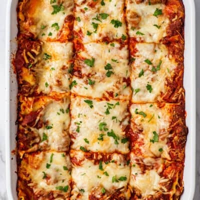 Easy lasagna in a white dish.