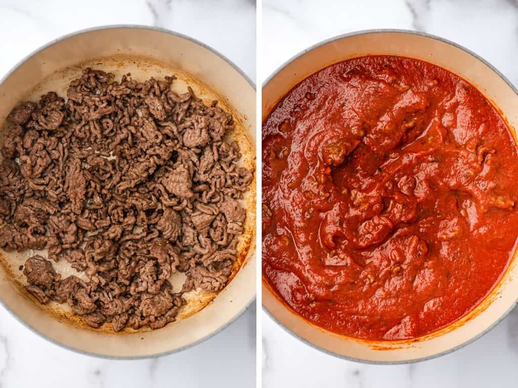 Collage photo of sauce for lasagna being made.