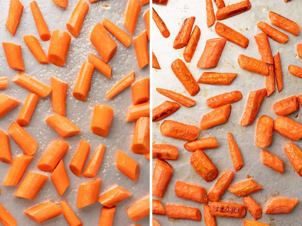 Collage photo of honey roasted carrots being baked.