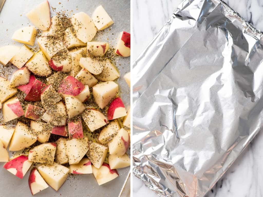 Italian roasted potatoes being prepared.
