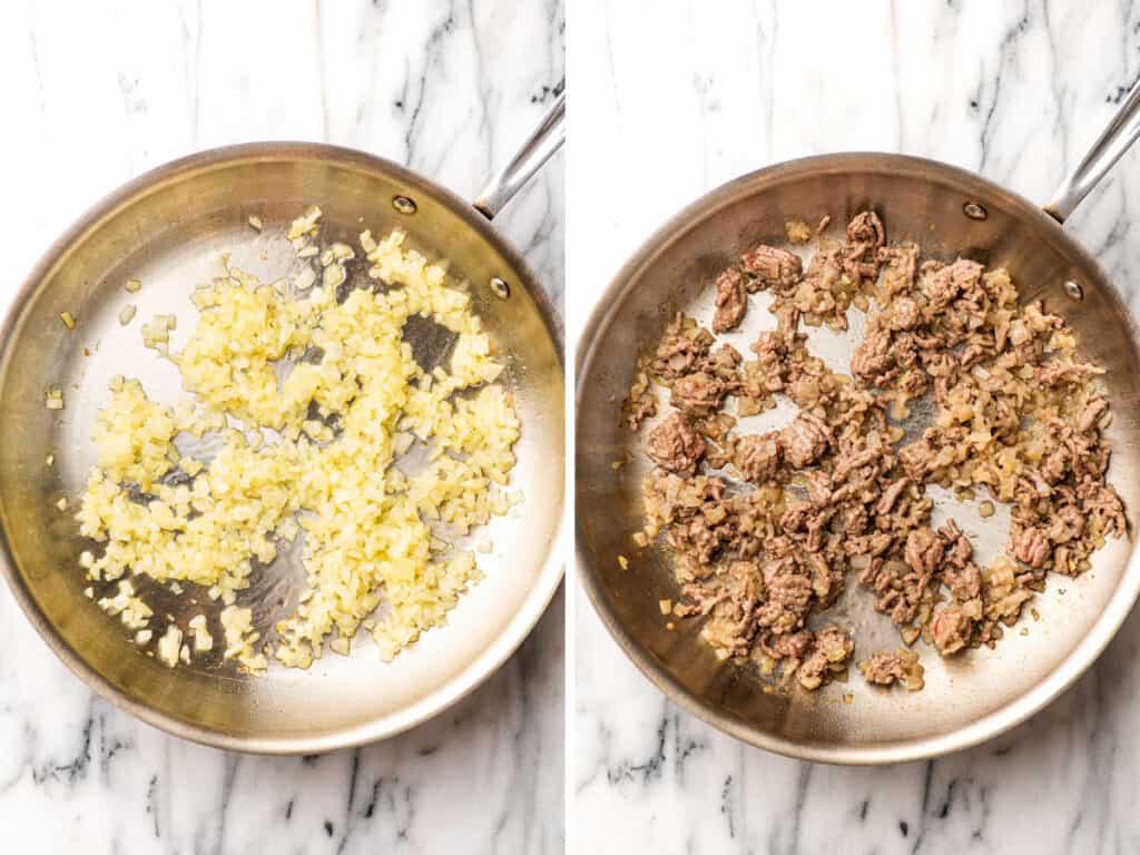 diced onions being caramelized in a skillet then ground beef being cooked in the skillet