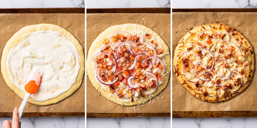 Collage photo of chicken bacon ranch pizza being assembled.