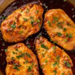 Honey garlic chicken in a pan.