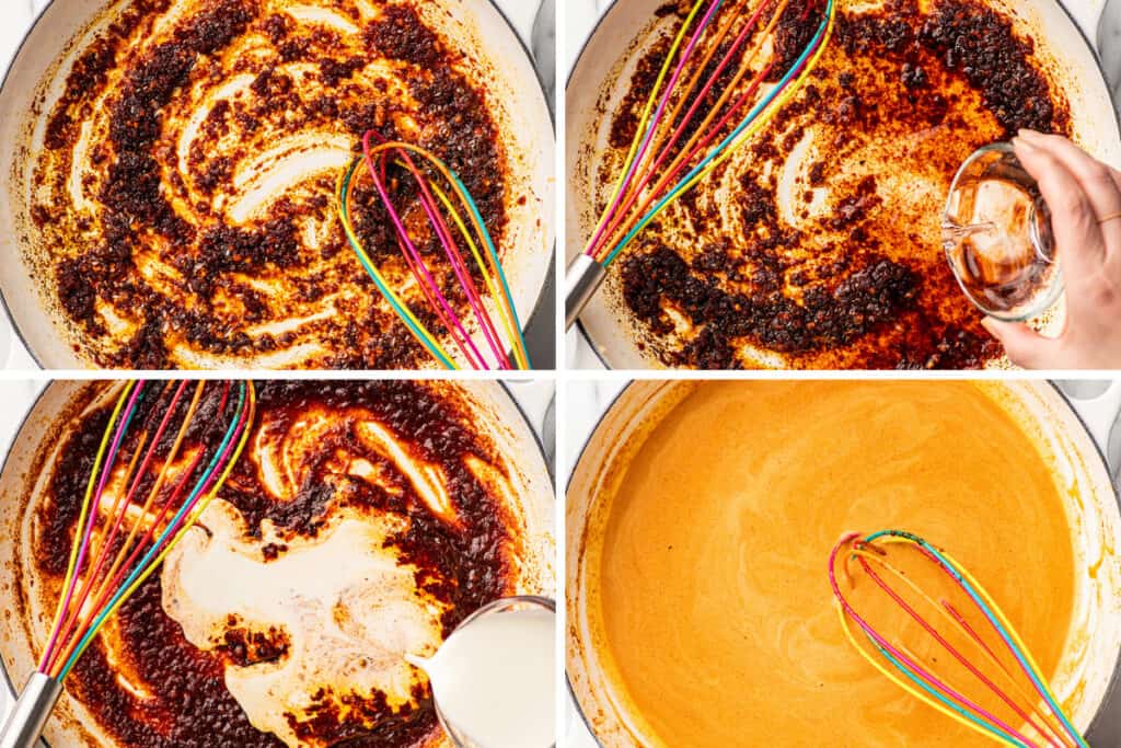 Collage photo of vodka sauce being made.