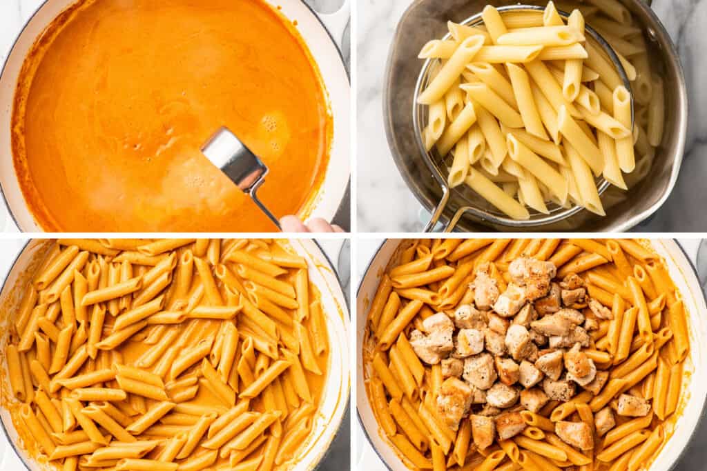Collage photo of vodka sauce being made and mixed with pasta and chicken.