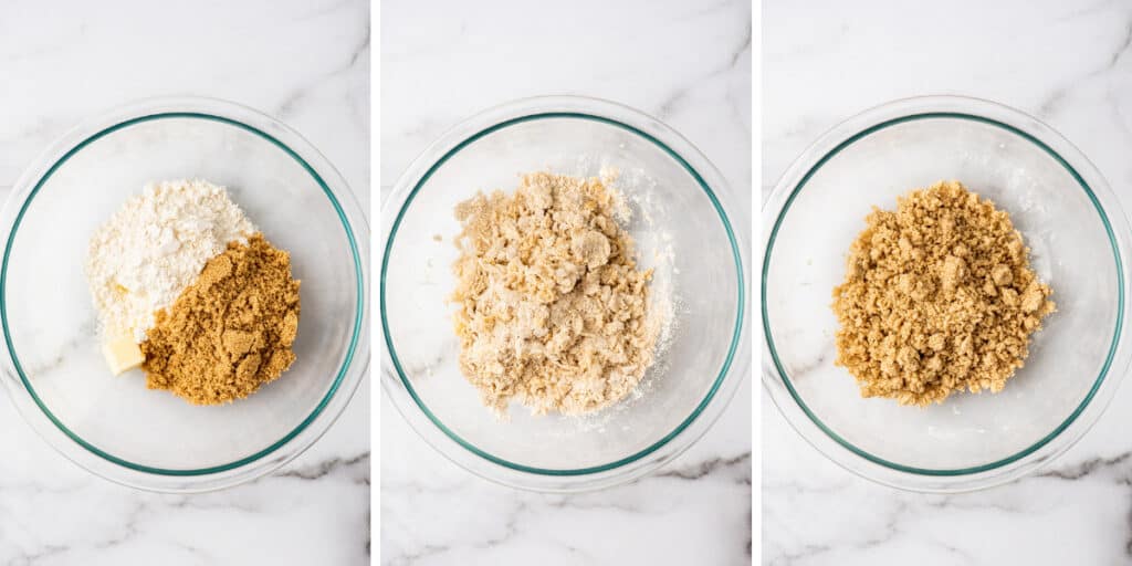 Collage photo of streusel topping being made.