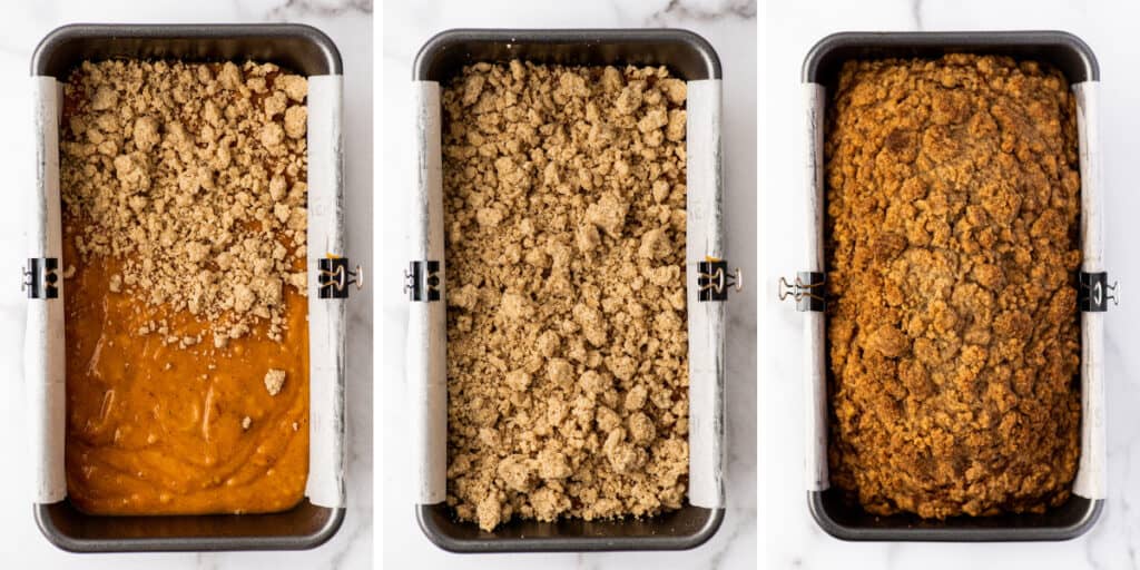 Collage photo of streusel being added to pumpkin bread and being baked.