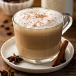 Dirty chai latte in a glass mug.