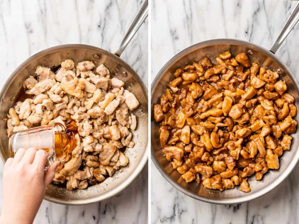 Collage photo of honey ginger chicken sauce being made.
