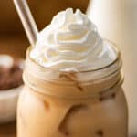 Iced dirty chai latte in a mason jar.