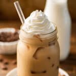Iced dirty chai latte in a mason jar.