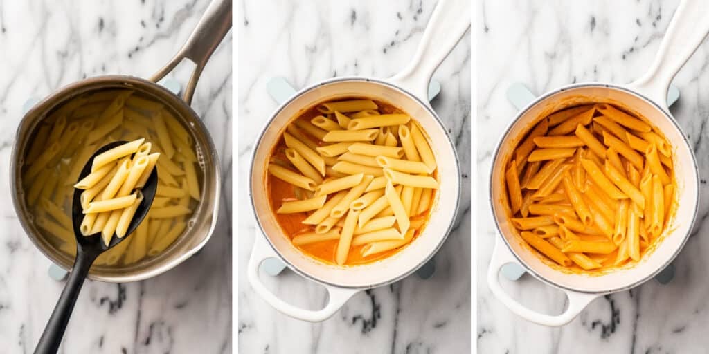 Collage photo of penne alla vodka for one being made part 2.