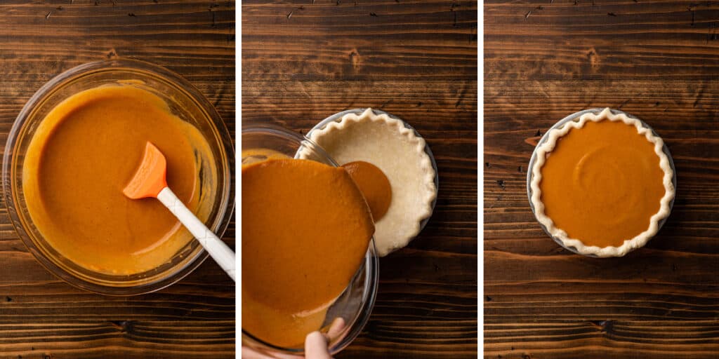 Pumpkin pie filling being poured into a pie shell for a small pumpkin pie..