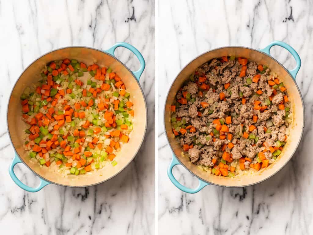 Collage of vegetables and ground turkey cooking for ground turkey soup.