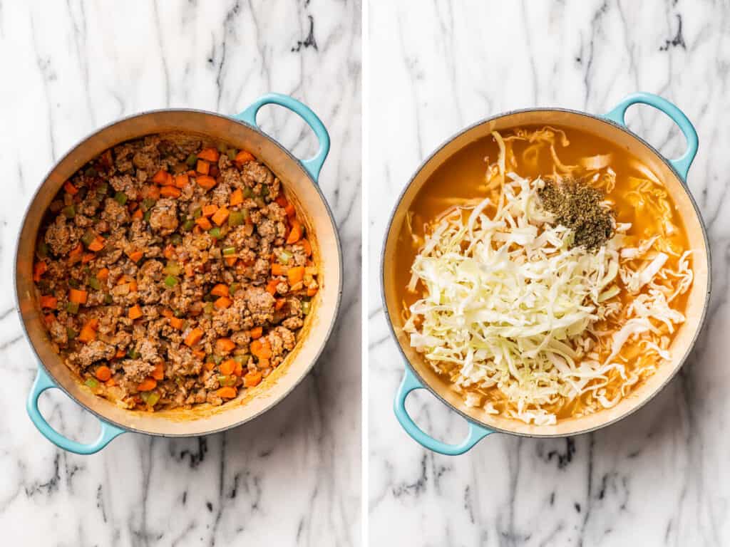 Collage of turkey vegetable soup being simmered.
