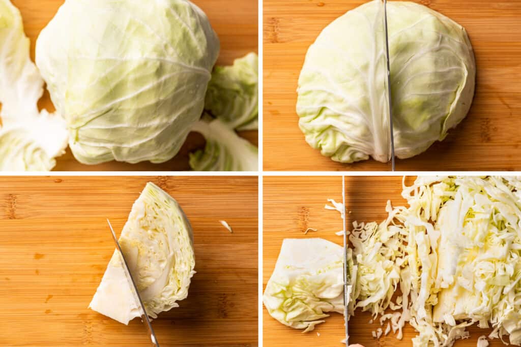 Collage photo of cabbage being shredded.