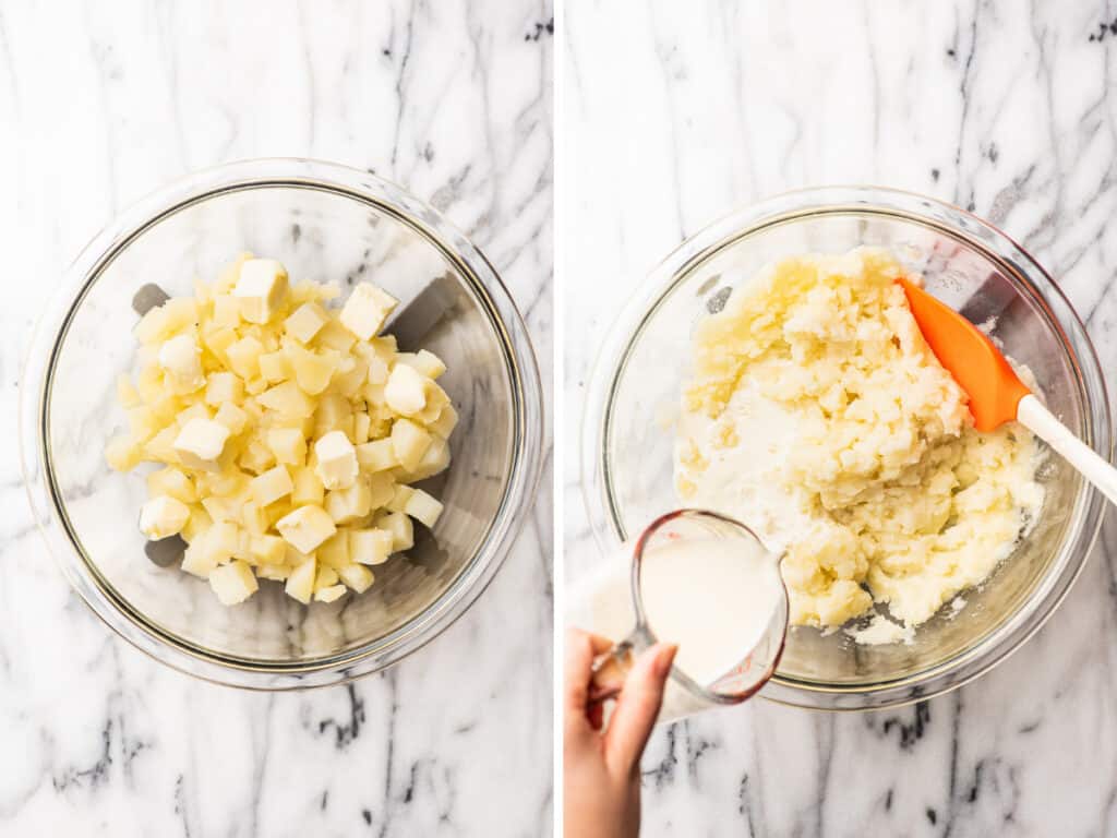 Collage photo of microwave mashed potatoes being mixed with butter and cream.