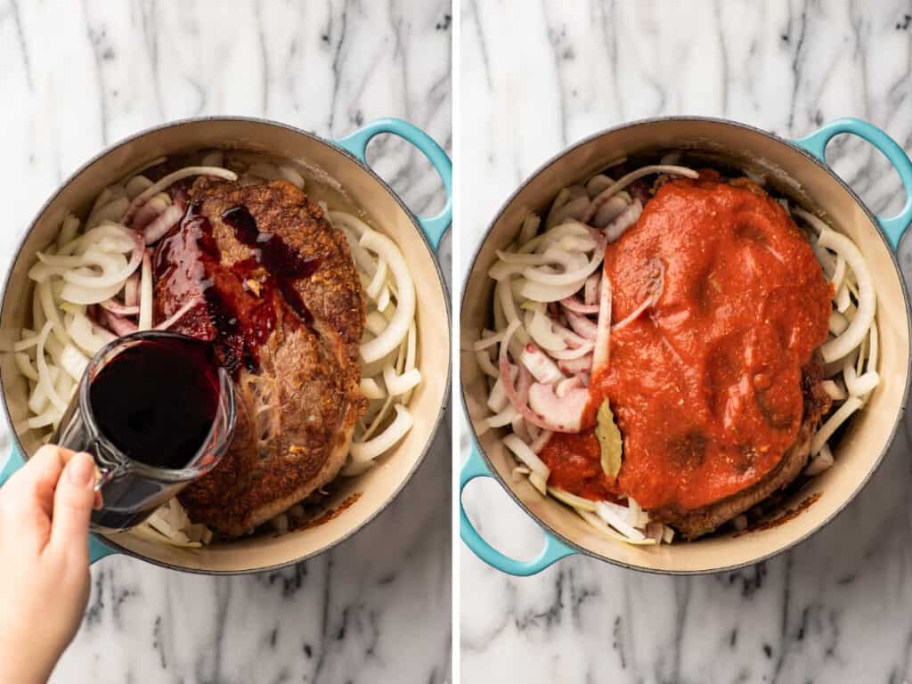 Collage photo of red wine and tomato sauce being poured over pot roast,
