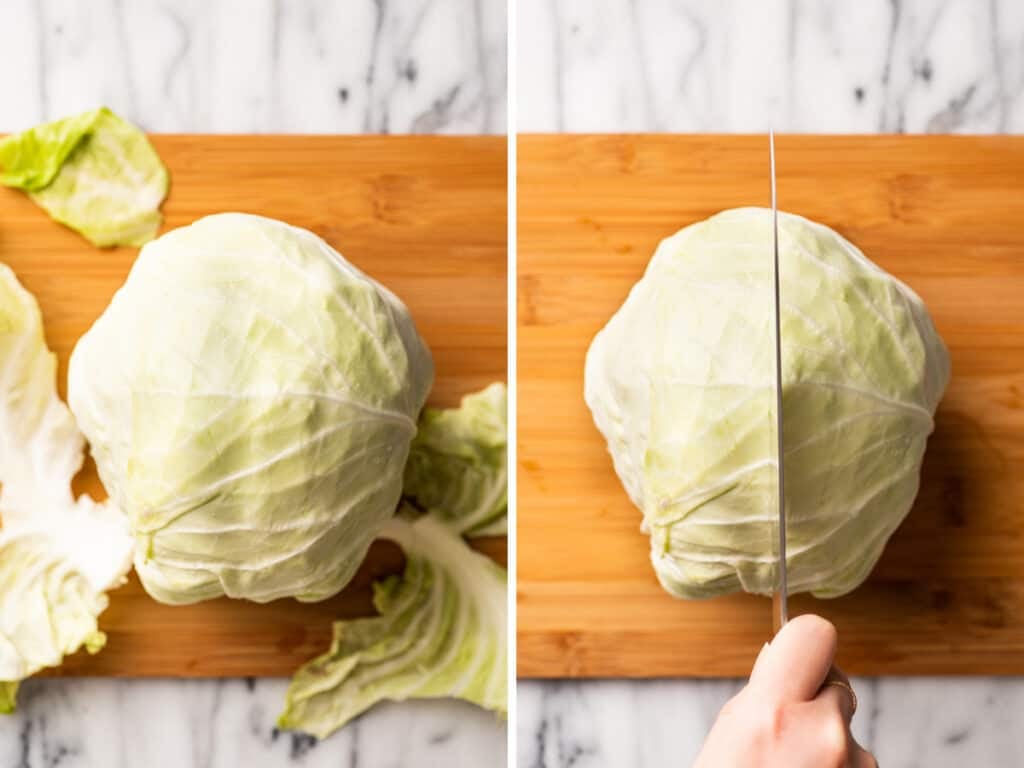 Collage of cabbage being cut to make coleslaw.