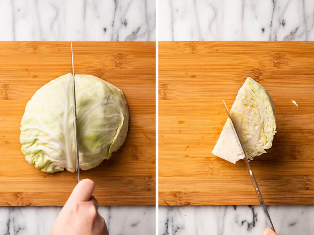 Collage showing how to shred cabbage.