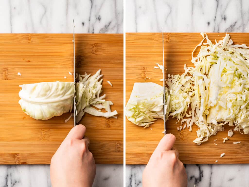 Collage of shredded cabbage being cut.