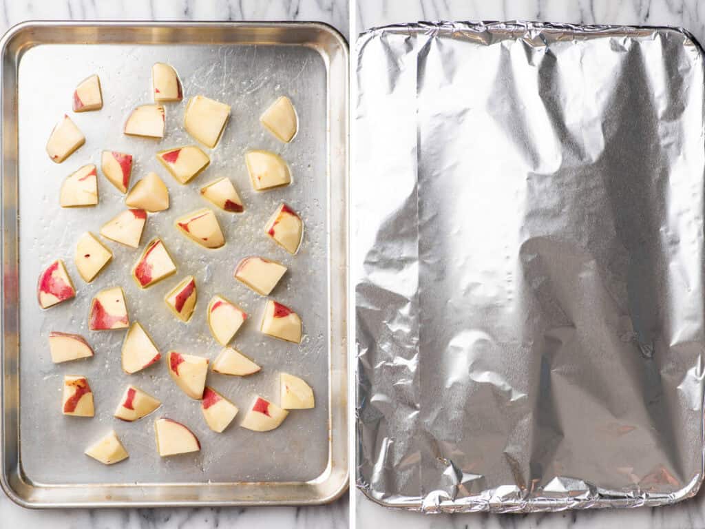 Potatoes being roasted on a baking sheet