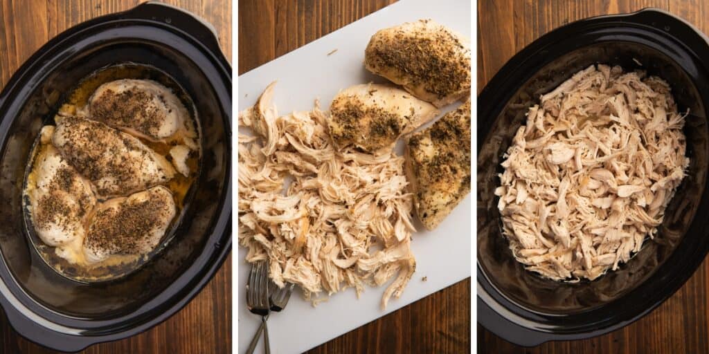 Collage of shredded chicken made in a slow cooker being shredded