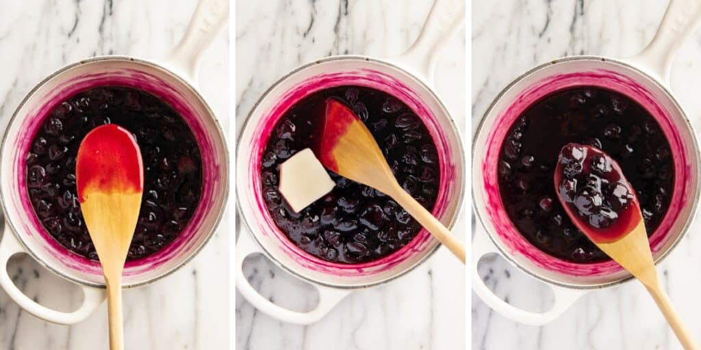 Collage photo of blueberry syrup being finished.