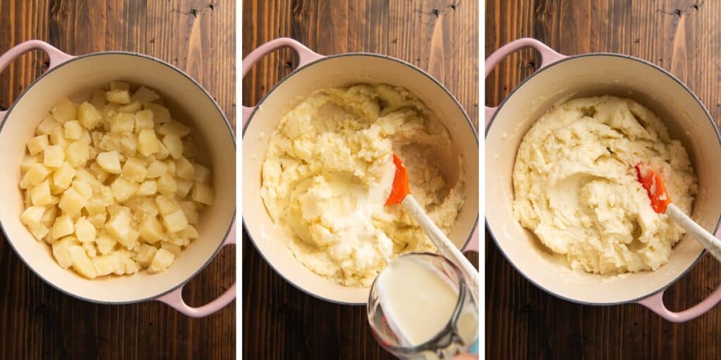 Collage photo of loaded mashed being made.