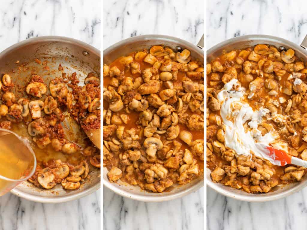 Collage of chicken stroganoff being cooked