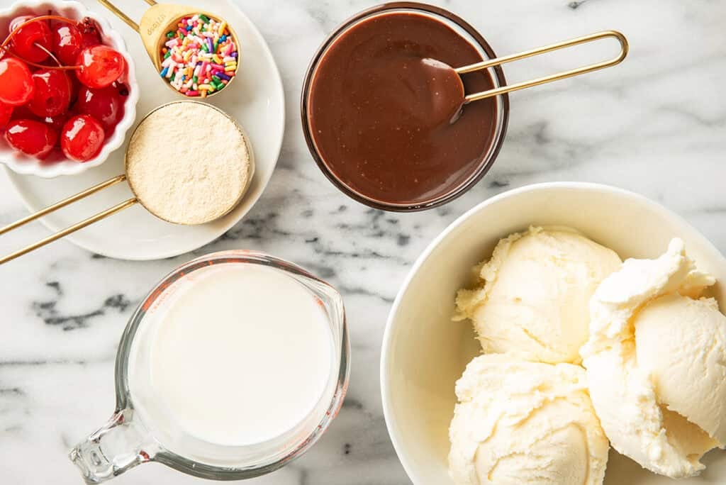Ingredients for a malted milkshake.