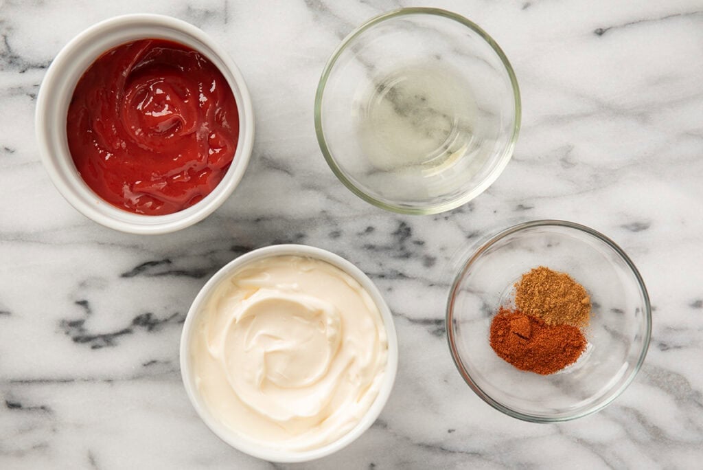 Ingredients for fry sauce on a counter top.