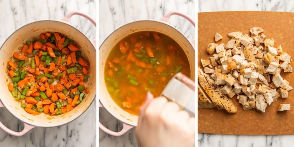 Collage photo of creamy chicken and potato soup being made.