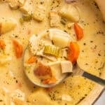 Close up of creamy chicken and potato soup being ladled out of a pot.