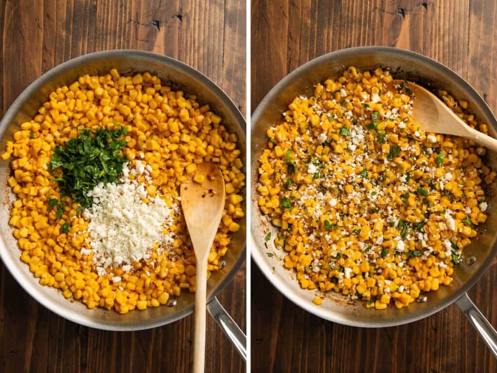 Cilantro and cotija cheese being stirred into corn