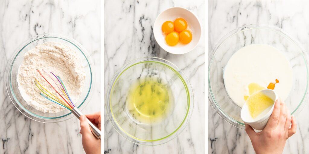 Collage photo of buttermilk chocolate chip pancakes being made