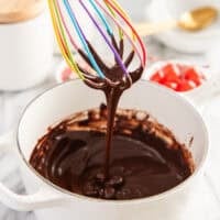 Hot fudge sauce dripping from a whisk