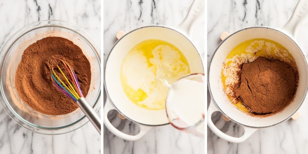 Collage photo of hot fudge sauce being made