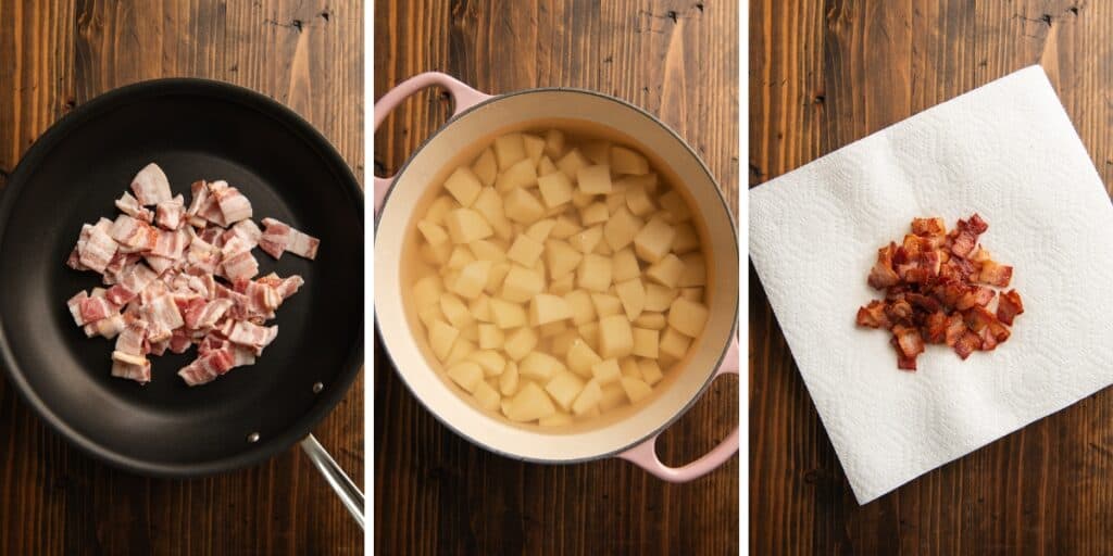 Collage photo of loaded mashed being made.