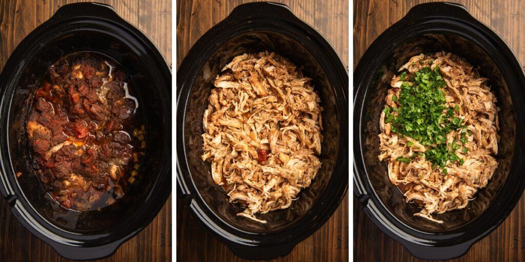 Collage of slow cooker chicken tacos being made