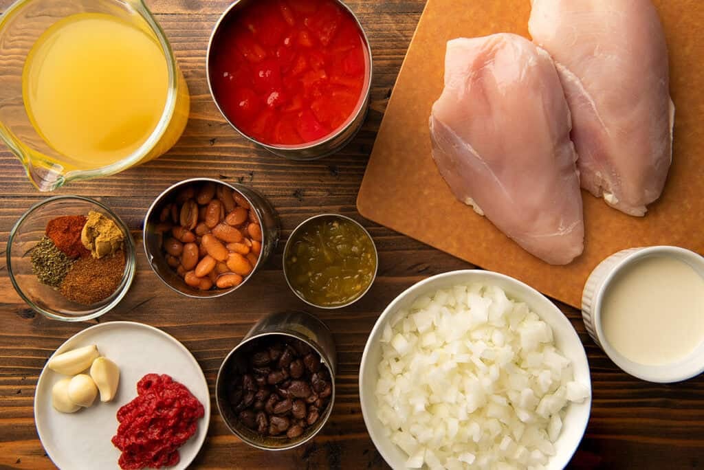 Ingredients for chicken taco soup on a table