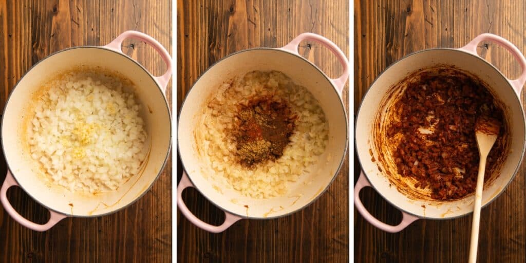 Collage picture of onions and spices being cooked for chicken taco soup