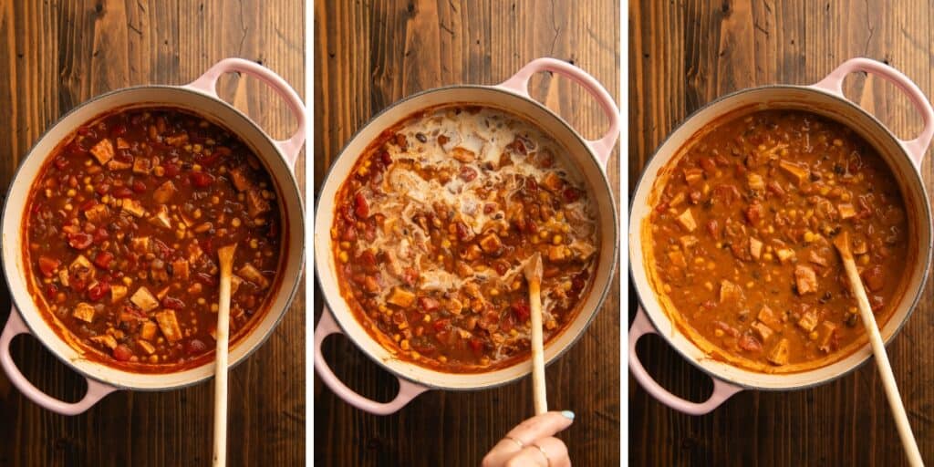 Collage photo of cream being stirred into chicken taco soup